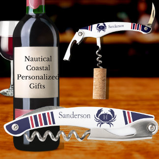 Monogrammed Red Navy Blue White Crab Nautical  Waiter's Corkscrew