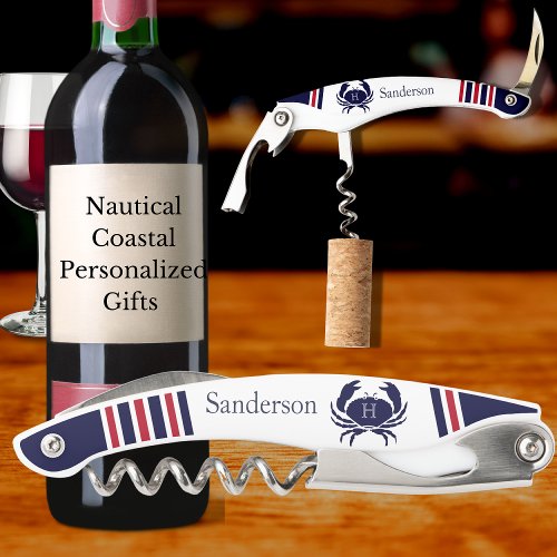 Monogrammed Red Navy Blue White Crab Nautical  Waiters Corkscrew