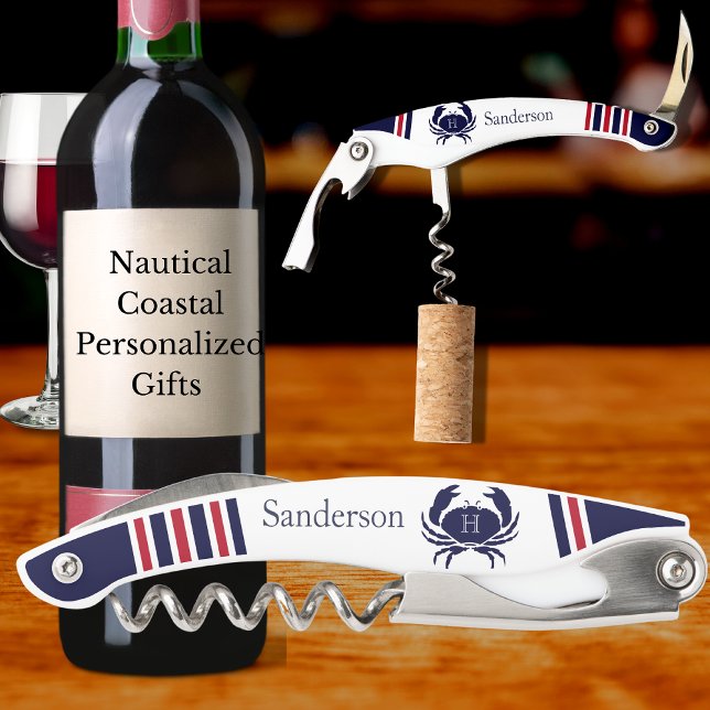 Monogrammed Red Navy Blue White Crab Nautical  Waiter's Corkscrew (Creator Uploaded)