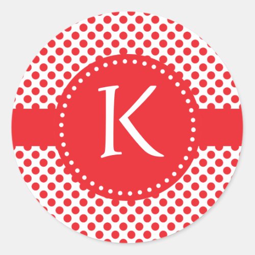 Monogrammed Red on White Polka Dot Classic Round Sticker