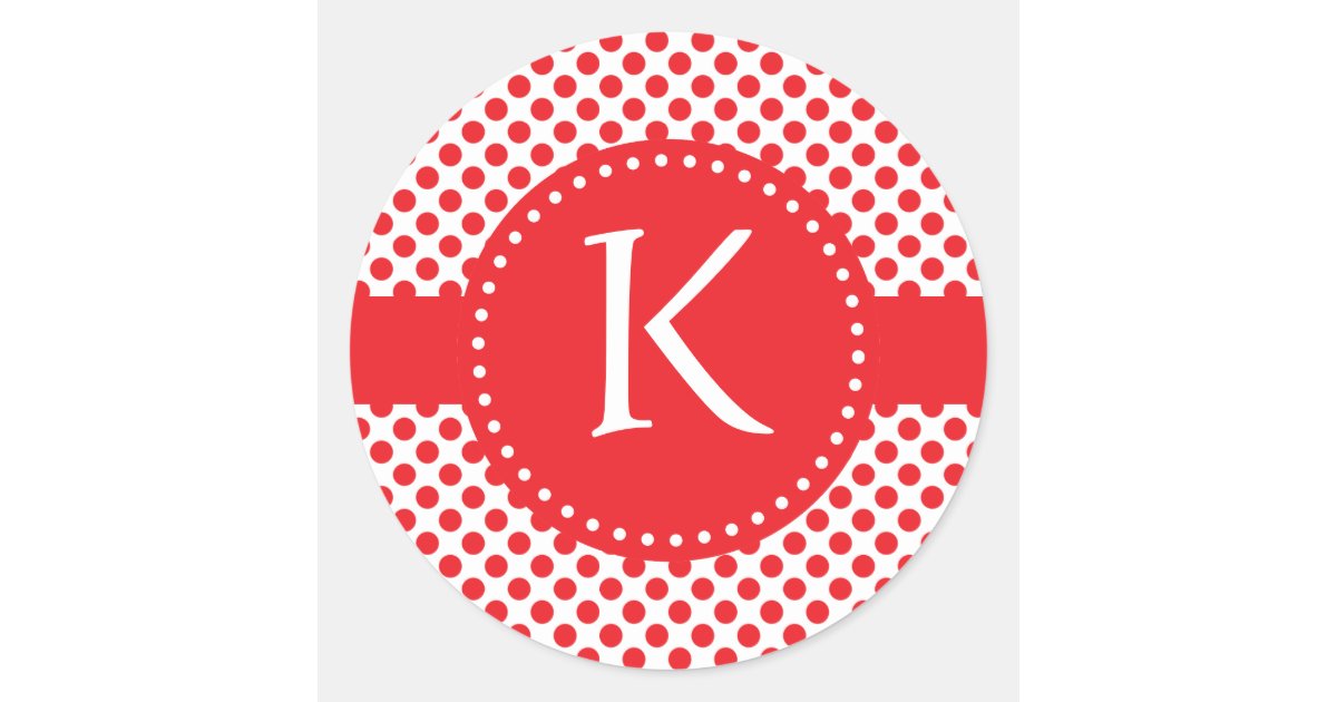 Monogrammed Red on White Polka Dot Classic Round Sticker | Zazzle