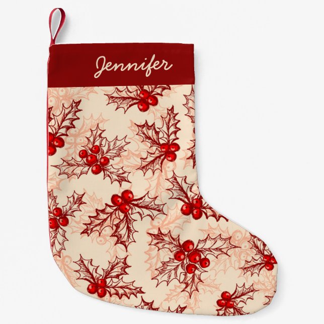 Monogrammed Red Pink Christmas Holly Small Christmas Stocking (Front)