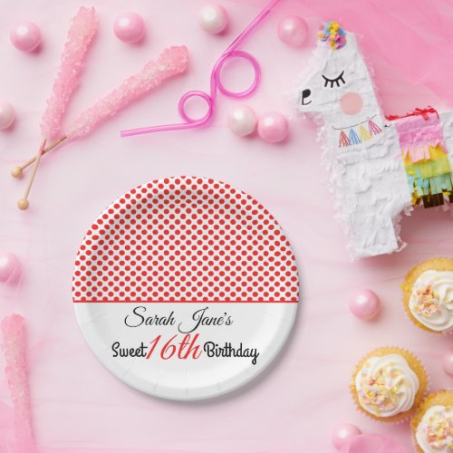 Monogrammed Red polka dots pattern sweet 16th Paper Plates