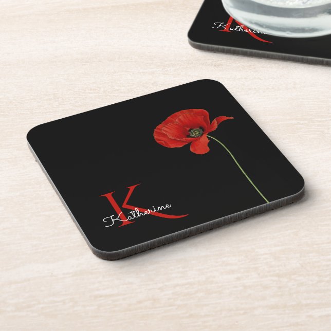 Monogrammed  Red Poppy on Black Beverage Coaster (Left Side)