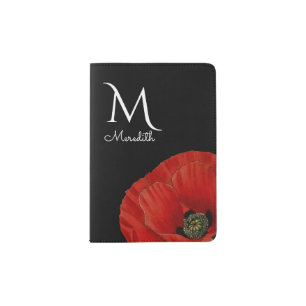 Monogrammed Red Poppy on Black Passport Holder