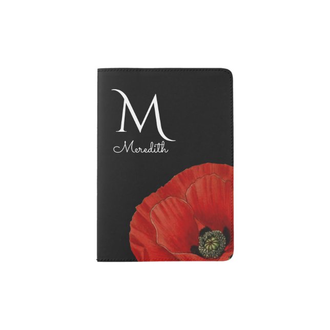Monogrammed Red Poppy on Black Passport Holder (Front)