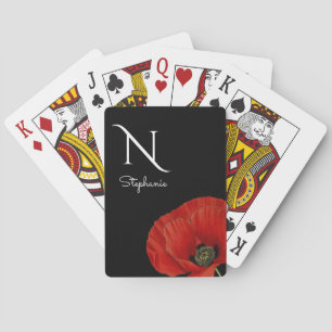 Monogrammed Red Poppy on Black Poker Cards