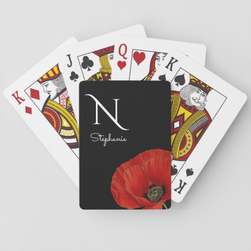 Monogrammed Red Poppy on Black  Poker Cards