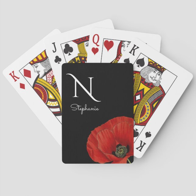 Monogrammed Red Poppy on Black  Poker Cards (Back)
