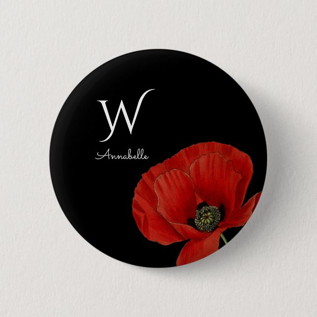 Monogrammed Red Poppy on Black Simple  Button (Front)