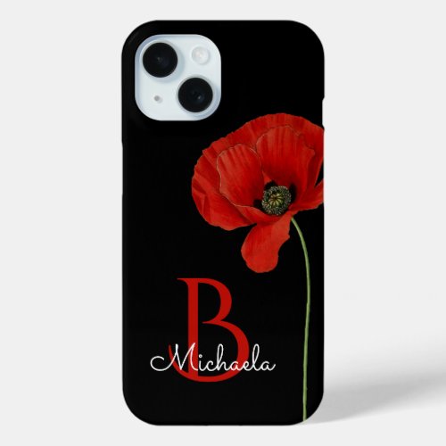 Monogrammed Red Poppy on Black Stylish iPhone 15 Case
