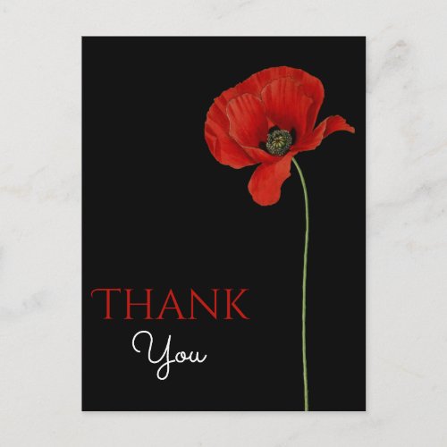 Monogrammed Red Poppy on Black Thank You Postcard