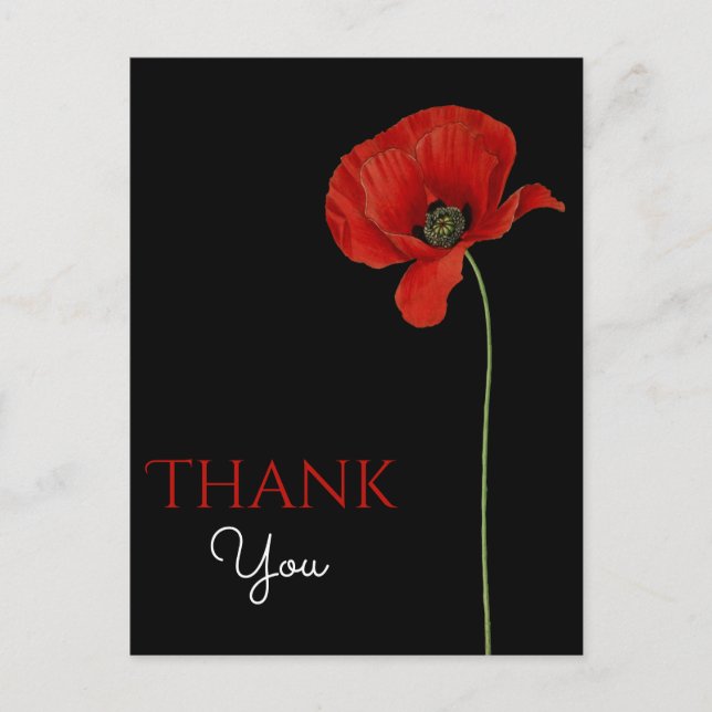 Monogrammed Red Poppy on Black Thank You Postcard (Front)