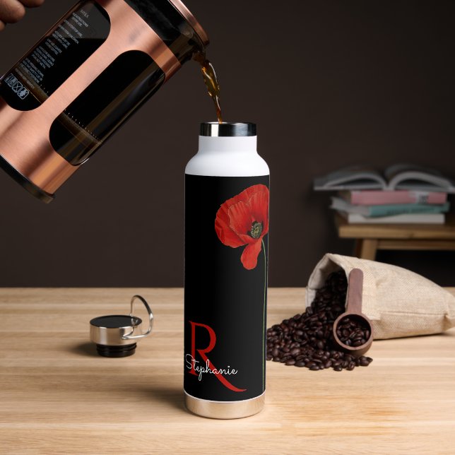 Monogrammed Red Poppy on Black  Water Bottle (Coffee)