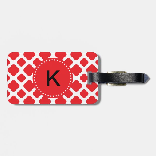 Monogrammed Red Quatrefoil Pattern Luggage Tag (Back Horizontal)