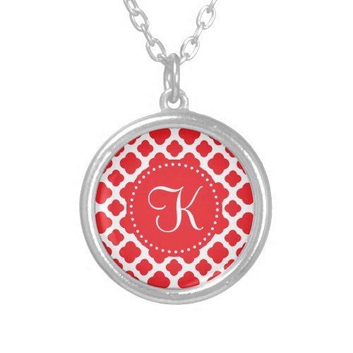 Monogrammed Red Quatrefoil Pattern Silver Plated Necklace