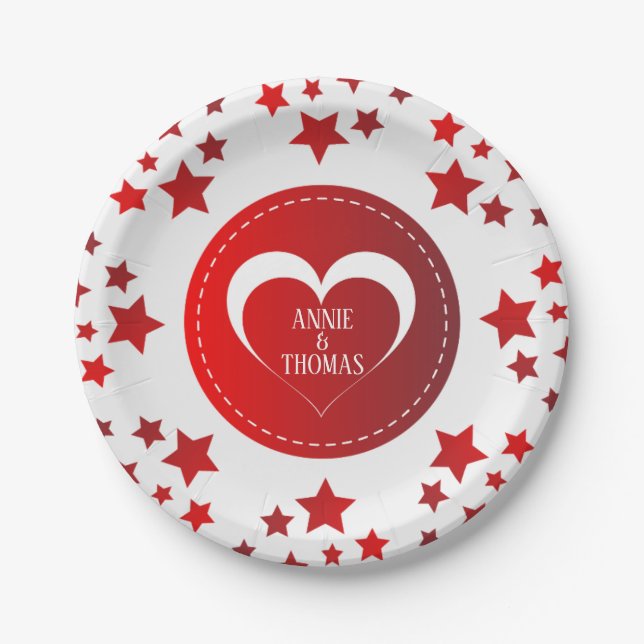 Monogrammed Red Stars And Heart Paper Plates (Front)