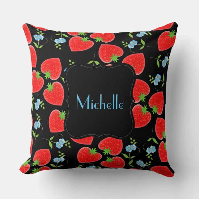 Monogrammed Red Strawberries and Blue Forgetmenots Throw Pillow (Front)