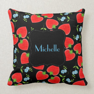 Monogrammed Red Strawberries and Blue Forgetmenots Throw Pillow