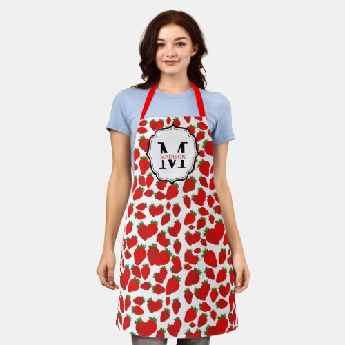 Monogrammed Red Strawberry Pattern Apron