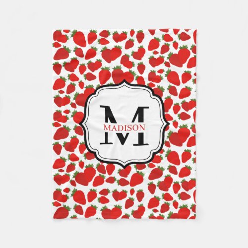 Monogrammed Red Strawberry Pattern Fleece Blanket