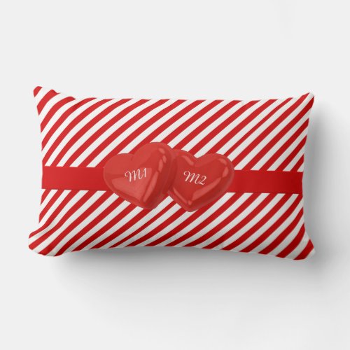 Monogrammed Red Striped Pattern with Hearts Lumbar Pillow