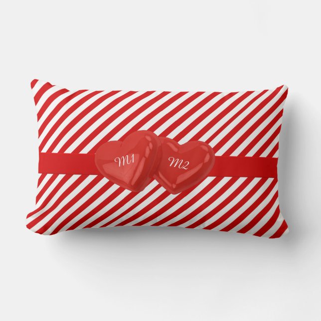 Monogrammed Red Striped Pattern with Hearts Lumbar Pillow (Front)