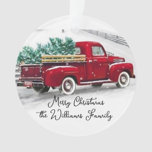 Monogrammed Red truck Christmas Acrylic Ornament