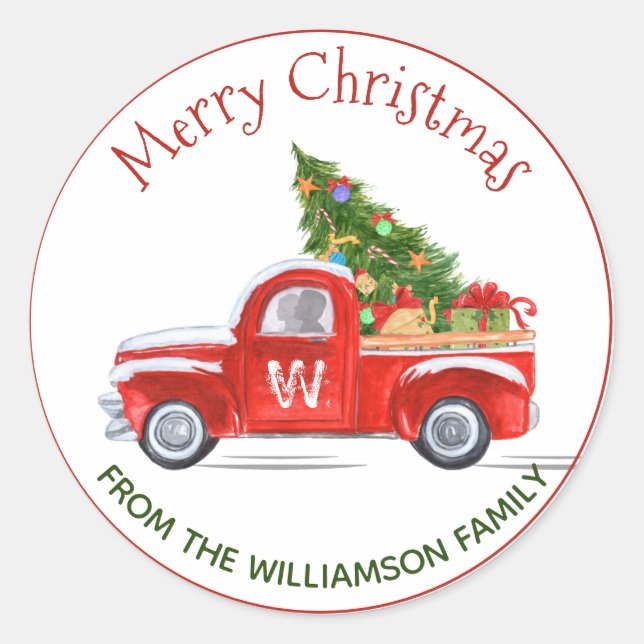 Monogrammed  Red Truck Return Address Christmas Classic Round Sticker (Front)