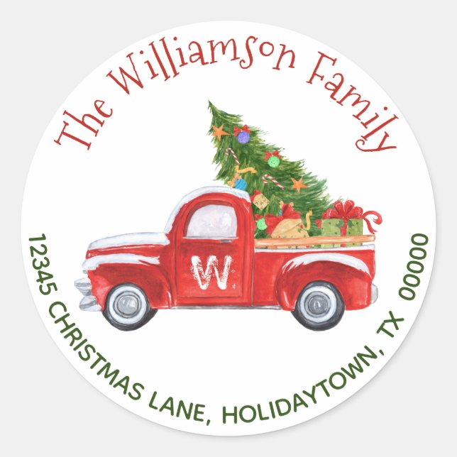 Monogrammed  Red Truck Return Address Christmas Classic Round Sticker (Front)