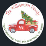 Monogrammed  Red Truck Return Address Christmas Classic Round Sticker<br><div class="desc">This and festive Christmas sticker is perfect as a return address label for the back of the matching envelopes! Sticker features your monogram on the door of a rustic vintage red truck and your name and return address in fun red and green hand lettered typography. Sticker can be easily personalized...</div>