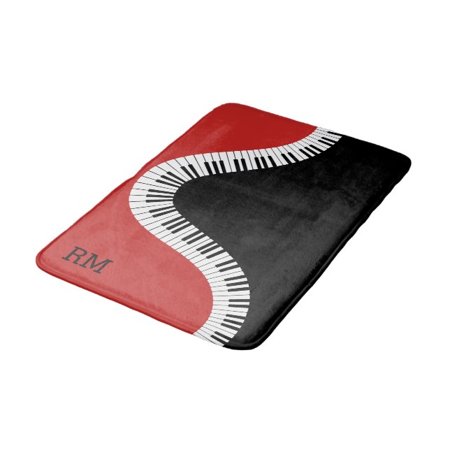 Monogrammed red white and black piano design bath mat (Angled)