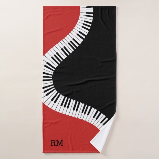 Monogrammed red white and black piano design bath towel set