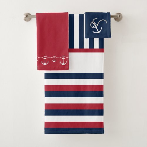 Monogrammed Red white and blue stripe Nautical Bath Towel Set