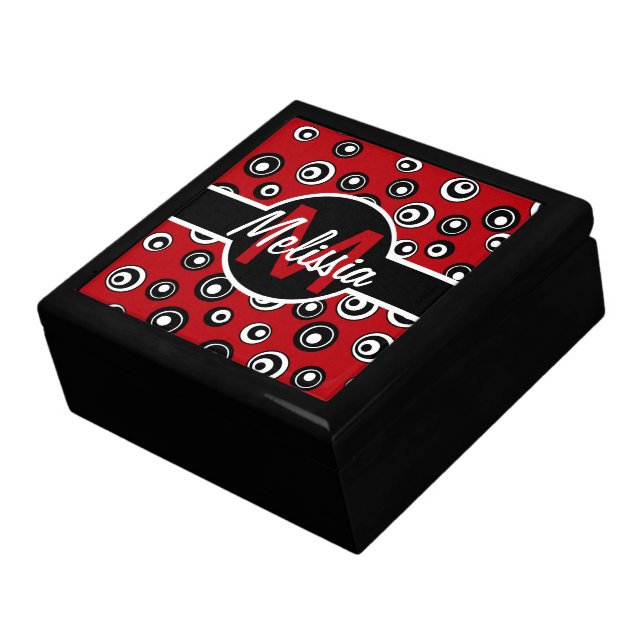 Monogrammed red,white  black circle pattern jewelry box (Side)