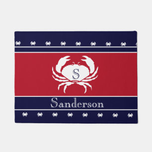 Monogrammed Red White Black Crab Kitchen Rug
