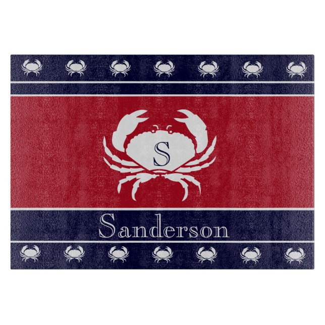Monogrammed Red White Black Crab Kitchen Rug Cutting Board (Front)