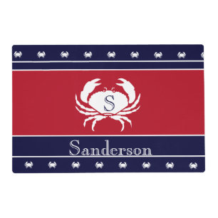 Monogrammed Red White Black Crab Nautical Laminate Placemat