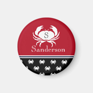 Monogrammed Red White Black Crab Nautical Magnet