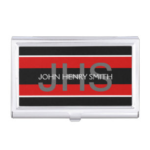Monogrammed red white black striped pattern men business card case