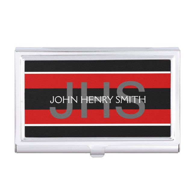 Monogrammed red white black striped pattern men business card case (Front)