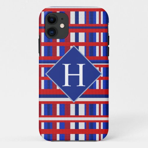 Monogrammed Red White  Blue Plaid Patriot iPhone 11 Case