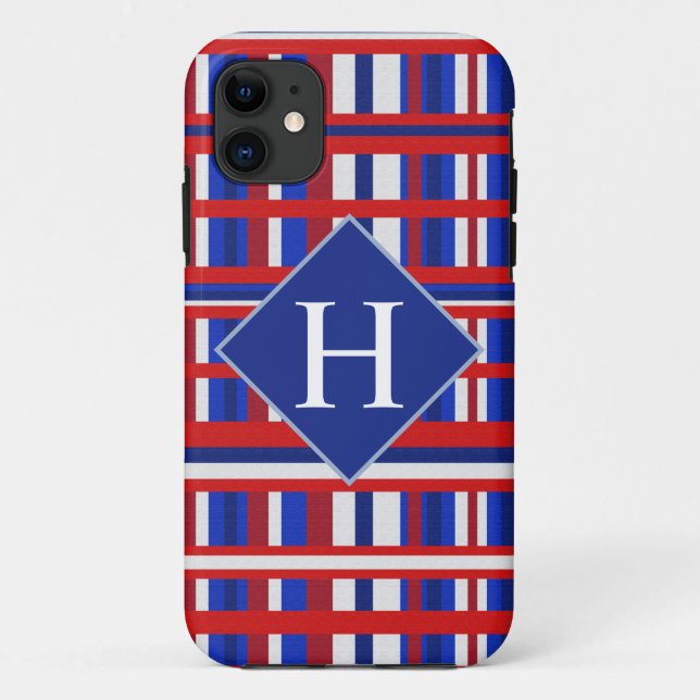 Monogrammed Red White & Blue Plaid Patriot Case-Mate iPhone Case (Back)