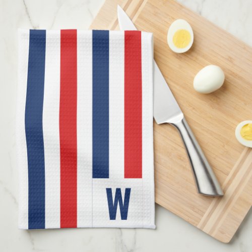 Monogrammed Red White Blue Striped American Kitchen Towel