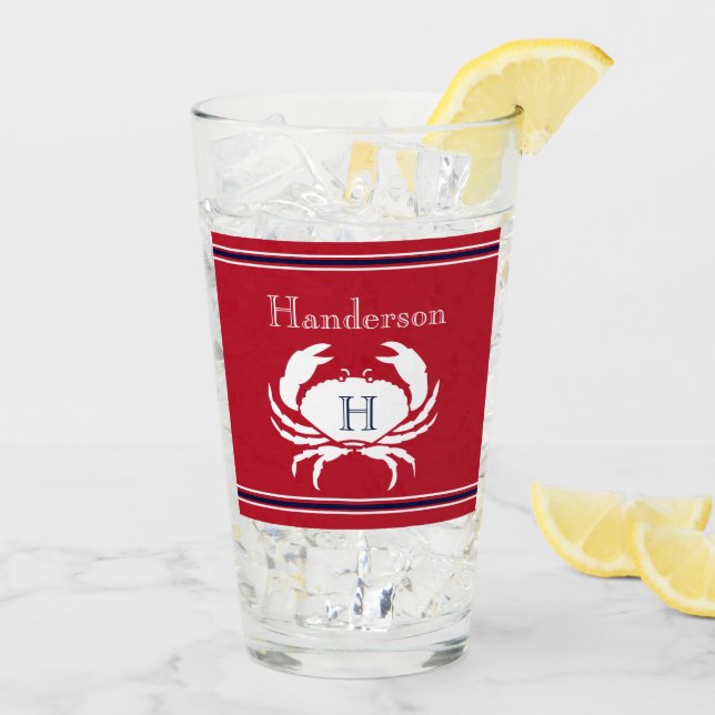 Monogrammed Red White Crab Nautical  Glass (Back Ice)