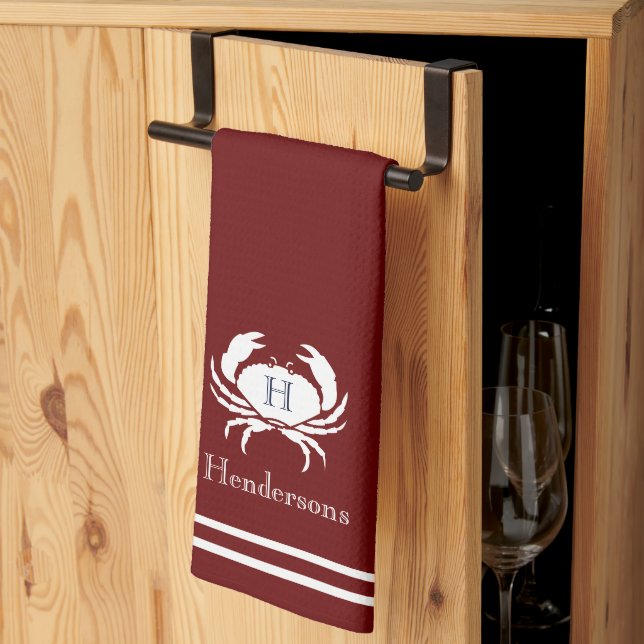 Monogrammed Red  White Crab Nautical Kitchen Towel (Thirds Fold)