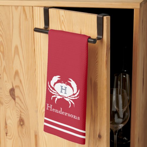 Monogrammed Red White Crab Nautical Kitchen Towel