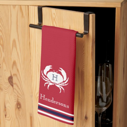 Monogrammed Red White Crab Nautical Kitchen Towel