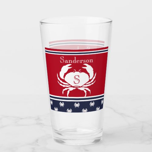 Monogrammed Red White Navy Blue Crab  Glass