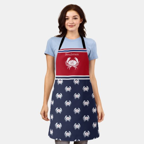 Monogrammed Red White Navy Blue Crab Nautical Apro Apron